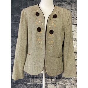 Emma‎ James Jacket Womens 16 Beige Wool Blend Embroidered Floral Dressy Career